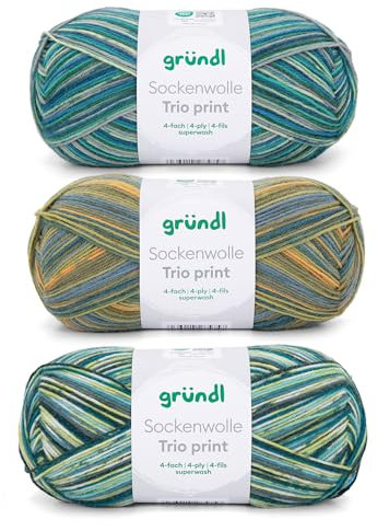 Gründl Wolle Sockenwolle Trio - Strickgarn für 3 Paar Socken - Strapazierfähig und hautfreundlich - 75% Schurwolle, 25% Polyamid - 3 Knäuel 100 g / 420 m - Nadelstärke 2,5-3 - grün aqua gelb
