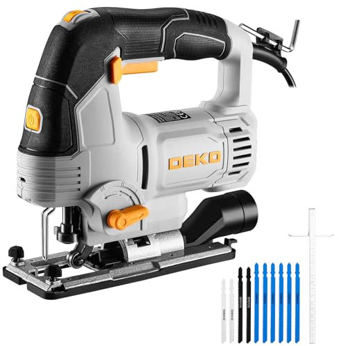 Seghetto Alternativo Elettrico: DEKOPRO 800W Seghetto con Luce LED e Laser, 4 Impostazioni Orbitali, 6 Velocità Variabili, 800-3000 SPM, Taglio a ±45° per Legno, Metallo e Plastica, Kit con 10 Lame