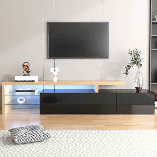 LANTRO JS TV Schrank mit LED Beleuchtung, Hochglänzendes Schwarz, Praktischer Stauraum, Modernes TV Schrank Design, Total 197.5cm Lang