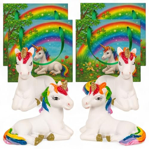 MIJOMA 4er Set Mini-Einhorn Figuren mit Regenbogen-Geschenktüte – Dekofiguren aus Polyresin ca. 5,8 cm – 2-Fach Sortiert – Mitbringsel für Kinder & Einhorn-Fans