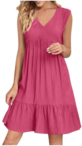 HAOLEI Robe Femme Chic Col V Manches Courtes éTé BohèMe Tunique Robe Ample A-Line Mi-Longue Dress Grande Taille DéContractéE Robes Couleur Unie Taille Haute Robes pour FêTer Vacances Plage