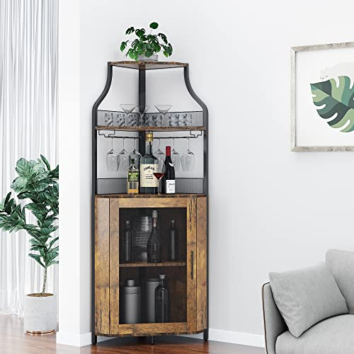 Mensola per vino angolare a 5 ripiani con supporto in vetro e contenitore per vino,armadio da bar con ante in rete metallica, scaffale per vino industriale per cucina, bar, cantina, 47 x 34 x 154 cm
