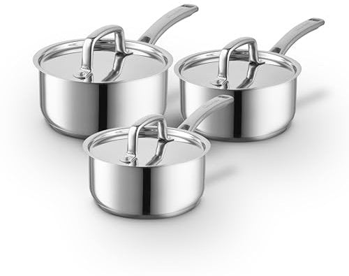 SLT900224 Sur La Table Core 3 Piece Saucepan Set with Lids, Riveted Steel Handles, Induction Compatible, 16cm/18cm/20cm Saucepans, Stainless Steel