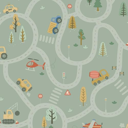 Holden Storybook Roundabout Road Fun Vehicle and Traffic Themed Wallpaper with Cars, Trucks, Helicopters, Diggers for a Playful Boys Bedroom Wall Sage Green (14081)
