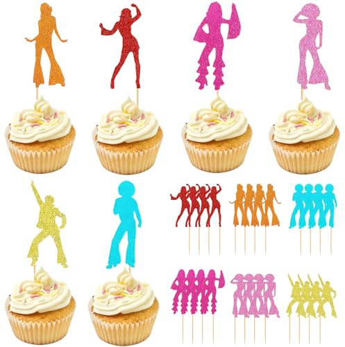 SSKHE 24 Stück 70er Disco Kuchen Dekorationen,Fröhlich Jahre Deko,70er Disco Tanzen Cupcake Topper für Theme Party,Disco Ball Musik,Dekorationen Hochzeitsfeier,Geburtstagsfeier.