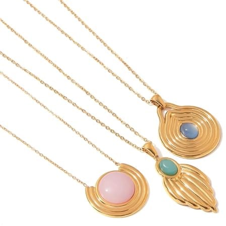 OOOVAVNE Collier avec pendentif en pierre naturelle bleu rose, en acier inoxydable, bijou tendance, à porter au quotidien, 1 pièce(Jewelry Sets)