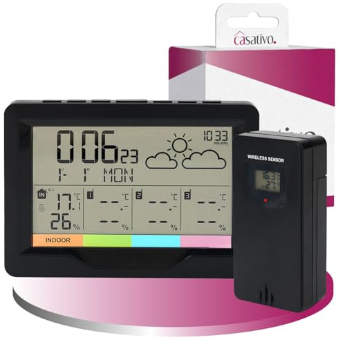 Casativo Profi Funk-Wetterstation mit 3 Aussensensoren - Behalten Sie 4 Zonen im Blick für maximale Übersicht & Kontrolle - inkl. Funkwecker & XL-Display