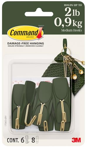Command Medium Wire Hooks, Rosemary Green, 6 Hooks, 8 Strips Damage-Free Hanging with Adhesive, No Tools Great for Hanging Home Decor, Holds up to 900g