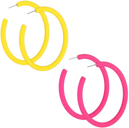 2 Pairs 80er Jahre Accessoires, Neon Acryl Ohrringe Damen, Bunte Creolen Vintage Stil für Mottoparty & 90er Jahre Outfit