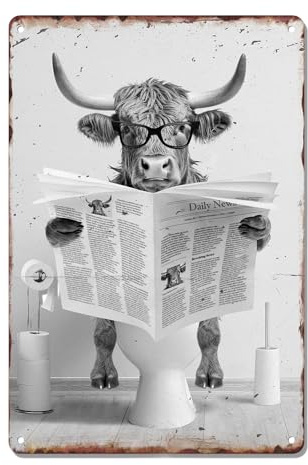 Hochlandrinder Deko Badezimmer, Highland Cow Blechschilder, Retro Kuh Deko Blechschild Retro, Lustig Toilette Wandbild für Gäste WC Flur Bad, 20x30 CM Schwarz-Weiß