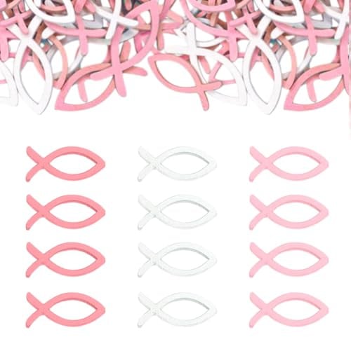 90 Stück Holzfische Deko Rosa Weiß, Streudeko Tischdeko Konfirmation, Tischdeko Kommunion Taufe Deko, Streudeko Taufe, Kommunion und Konfirmation Konfetti Dekoration für Junge Mädchen Taufdeko