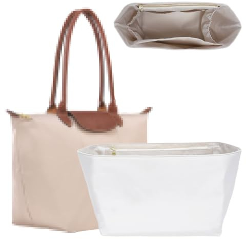 Ingenuity Workshop Weicher Nylon-Organizer-Einsatz für die Longchamp Le Pliage Large Tote Bag, leichter Luxus-Tote-Bag-Einsatz mit Getränkehalter, Reißverschluss und 7 tiefen Fächern, L/Beige