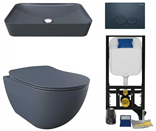 Creavit - Juego de inodoro 5 en 1 (incluye inodoro + lavabo superior + asiento de cierre suave + botón de descarga + marco de montaje en pared), color gris mate