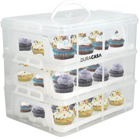 DuraCasa Cupcake Carrier, Cupcake Holder | Premium Upgraded Model Holds Cupcakes Steadier | Store up to 36 Cupcakes or Muffins | Stacking Cupcake Storage Container | Use 1,2, or 3 Tiers (White)
