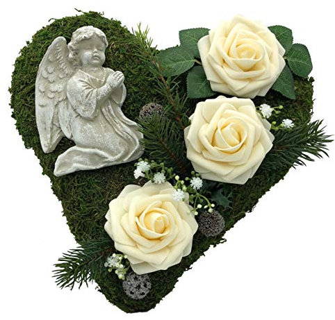Grabgesteck Grabschmuck Grabaufleger Moosherz Grabherz Trauerherz Grab Herz Gesteck Rosen mit Engel (Rosen Creme)