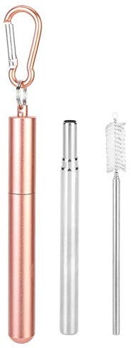 Paille Inox, paille réutilisable télescopique en acier inoxydable avec brosse de nettoyage pour boire du thé au lait de café, polissage interne conçu, sans bavure(Rose)