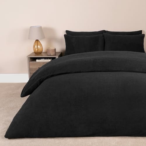 Brentfords Black King Size Fleece Duvet Cover Sets, Teddy Fleece Christmas Duvet Set King Size Quilt Cover Winter Bedding Set Ultra Soft Comfy Duvet Covers with Pillowcases