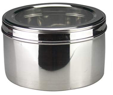 Puri Dabba Stainless Steel Round Deep Storage Tin With See Through Lid - Flat Canister Cake Cupcake Biscuit Cookies Storage Container, 22cm