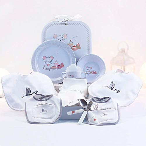 BebeDeParis | Regalos Originales para Bebés Recién Nacidos | Canastilla con Vajilla y Set de Baberos | 3-6 Meses (Gris)