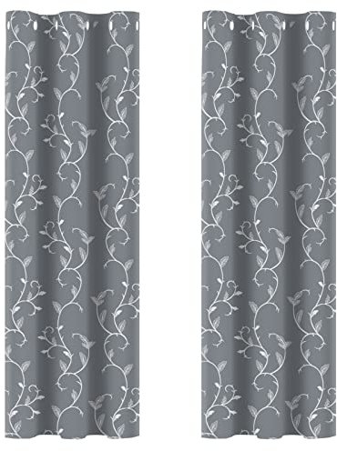 BUHUA Verdunkelungsgardinen mit Ösen, Thermo Gardinen Blickdicht Vorhänge, Verdunkelungsvorhänge Weinstock Muster Wohnzimmer, 2er Set H 183 x B 117 cm, Hellgrau