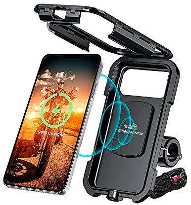 GRAND PITSTOP - Waterproof Bike/Motorcycle/Scooter Mobile Phone Holder Mount, Ideal For Maps And Gps Navigation (Waterproof Handlebar Wireless Charger Black)