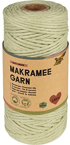 folia 24992 - Makramee Garn Soft Green, 100 % Baumwolle, 100 m gedrehtes Garn in weichem Grün, Durchmesser 3,5 mm, zum Basteln und Knüpfen