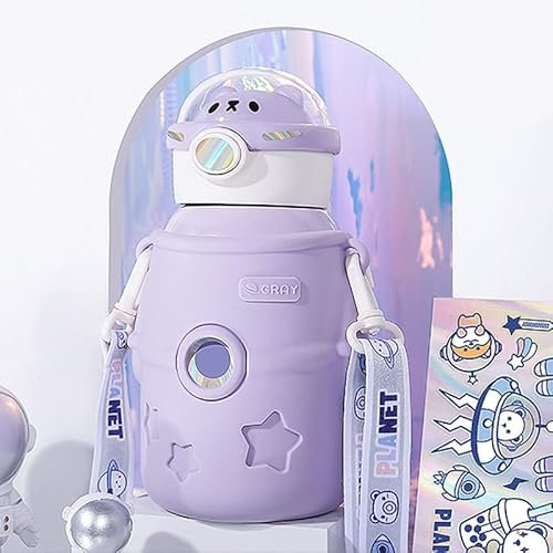 TIAASTAP Kawaii Botella de agua con popote 500 ml portátil de acero inoxidable con aislamiento botella de agua grande con diseño de oso astronauta para escuela gimnasio viajes picnic etc (morado)