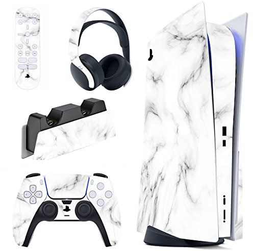 PlayVital Skin Stickers für ps5 Konsole Regular Edition,Aufkleber Vinyl-Skin Stickers Schutzfolie Folie für PS5 Konsole,Controller,Ladestation,Headset,Medienfernbedienung-Nahtloses Weiß