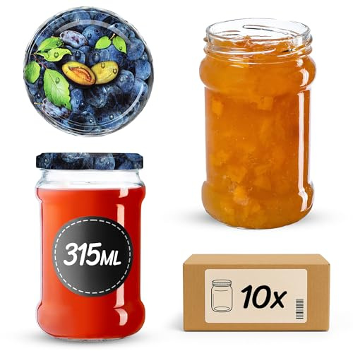 KADAX 10er Set Einmachgläser 315ml TO66 Pflaumen, Marmeladengläser Vorratsgläser Mason Jar mit Schraubdeckel, Luftdicht & Spülmaschinenfest, Honig- & Dessertgläser