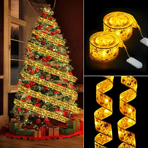 flintronic 2PCS Cinta Luminosa de Navidad, 2 M/6.56ft-20 LED Luces Navideñas de Hadas, Luces Cinta de Decoración del Árbol Navidad para Interiores y Exteriores/Navidad/Jardín/Patio-Blanco Cálido/Oro