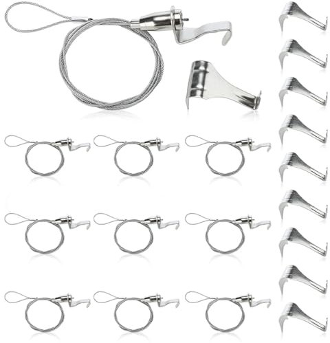 TEHAUX 10 Set Picture Rail Hooks Picture Hanging Kit, Includes Rail Hooks and Cable Cord, Stainless Steel Wall Hanging System for Home Exhibition Art Gallery