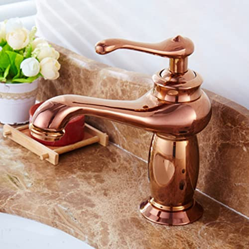 ZYCDP Grifo Lavabo Baño Vintage, Grifería de Mezclador Agua de Fría y Caliente de Latón, Grifo de Lavabo Mezclador Monomando para Lavabo, Oro Rosa
