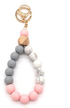 Guouet Women's Silicone Key Ring Bracelet, Beaded Bangle Keychain Wristlet for Elastic Wristlet Keychain House Car Key Ring Holders, Lilac Purple, Pink
