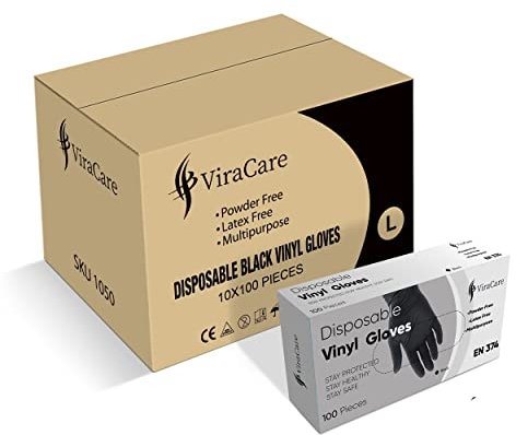 1000 x Black Disposable Vinyl Gloves - Latex Free, Powder Free, Strong and Non-Sterile (Large)