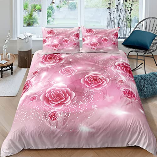 XPINGO Teenager Bettwäsche Pinke Rose 200x200 cm 3teilig 100% Mikrofaser Sommer Weiche Winter Warm Bettbezüge mit Reißverschluss 3D Romantik Blumen Bettbezug mit 2 Kissenbezüge 80x80 cm