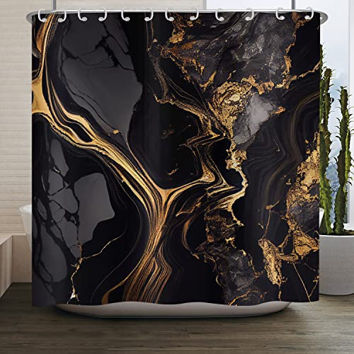 ASDCXZ Rideau de Douche Marbre Noir Or 180x200 cm, Moderne Abstrait Noir Or Aspect Marbre Texture Lavable Textile Rideau Douche imperméable pour Baignoire avec 12 Crochets