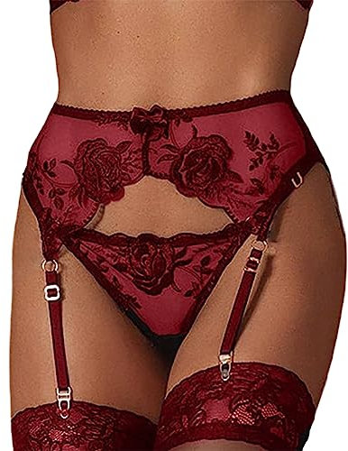 NewBull Damen Strapsgürtel Spitze Strumpfhalter Strapsen Slips Dessous Set Strumpfband Hosenträger Hüfthalter (Rot)