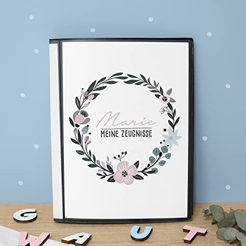 Personalisierte Zeugnismappe Kinder - Personalisiertes Geschenk zur Einschulung - inkl. 20 Klarsichthüllen DIN A4 - Zeugnismappe Mädchen - Zeugnismappe Junge - hellomini (Blumenkranz)