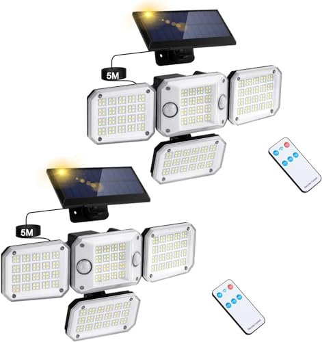 Solarlampen für Außen mit Bewegungsmelder: 296 LED Solar Strahler 3500LM 7000K Solarleuchte 3 Modi mit Fernbedienung IP65 Wasserdicht Solar Aussenleuchte für Terrasse Garage Hof Garten 5m Kabel 2 PCS