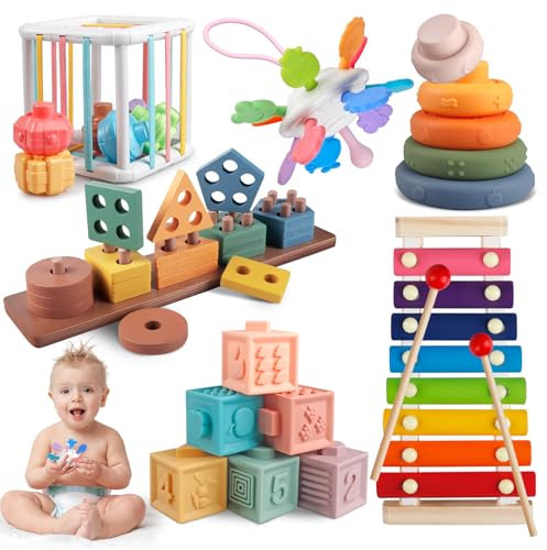 Aliex Baby Spielzeug, 6 in 1 Montessori Spielzeug | Motorikspielzeug | Xylophon | Stapelturm | Holzspielzeug | Motorikwürfel, Geschenk für Baby 12 Monate