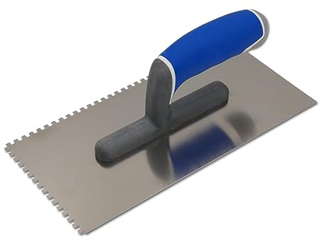 DEWEPRO Zahnkelle 270 x 130 mm aus Edelstahl, Zahnung 4 x 4 mm, Zahnspachtel mit ergonomischem 3-Komponenten-Handgriff, Glättekelle gezahnt zum Fliesenlegen