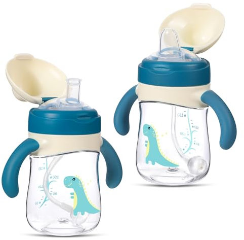 2 in 1 Baby Cup, 240ml Sippy Cup with Straw and a Spout, Non-Spill Weighted Straw Cup Toddler Drinks Water Bottles with Handles for Babies 6 Months + (Dinosaur)