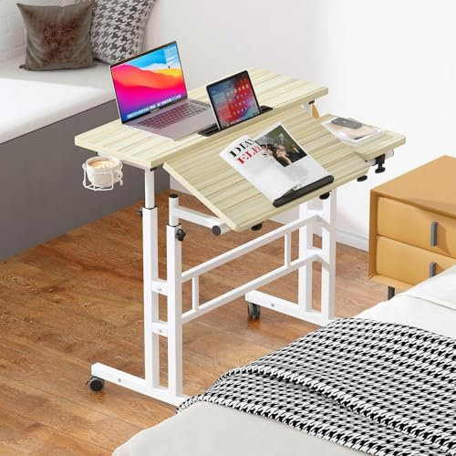 SogesPower Mobiler Laptop-Schreibtisch, 2 Plattformen, verstellbarer Beistelltisch, Computerständer für Bett, Sofa, mobiler Stehpult mit Getränkehalter und Haken, Ahorn