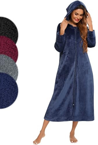 Figarge Bademantel Damen Reißverschluss Kapuze Bademantel Damen Frottee Baumwollsamt Frottee Velours Luxus Morgenmantel Hausmantel (DE/NL/SE/PL, Alphanumerisch, L, Regular, Regular, Marineblau)