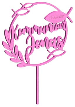 Alsino Personalisierter Cake Topper für Kommunion & Konfirmation - Einzigartiger Tortenaufsatz mit individuellem Namen und Datum, Material wählen:Birke Multiplex-rosa