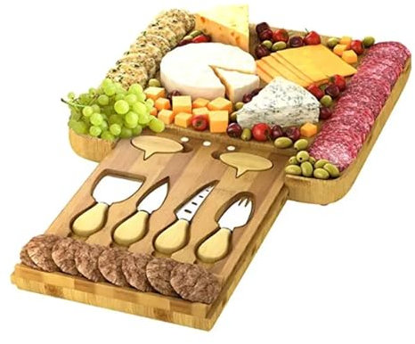 YEKIM Tabla de charcutería Cocina Tablas de Embutidos, Juego de Tablas de Queso Grandes, Plato con 4 Cuchillos, marcadores de Queso, Bandeja Grande para Servir de bambú Tabla de charcutería