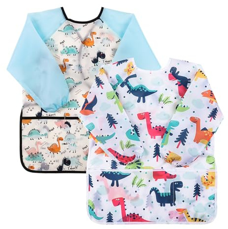 saerryor 2PCS Kids Waterproof Art Smock 3-8 Years Painting Apron | Waterproof Polyester, Long Elastic Sleeves, 3 Storage Pockets, Hook Loop Back, for Painting, Cooking, Crafts, Parties