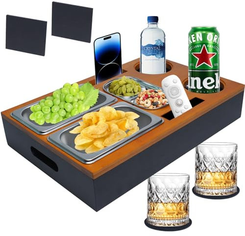 Dazhtu Couchbar Snackbox, Sofa Tablett Mit Snackschalen Aus Edelstahl, Holzfarbe Abnehmbarer Deckel, Couch Tablett, Snackhalter, Sofaablage für Wohnzimmer Schlafzimmer Garten Camping Party