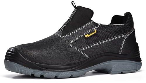 Zapatos de trabajo sin cordones para hombre, de baja altura, puntera de acero, piel de vaca, zapatos de seguridad negros con entresuela de placa de acero, tenis ligeros y cómodos para uso industrial