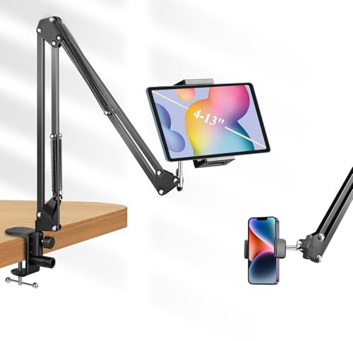 PhieeSeriy Tablet Stand for Bed, Flexible Aluminum Arm Tablet Holder for iPad Mini Air Pro 12.9/9.7, Tablet Stand with Metal Base, Phone Holder for Bed for iPhone 4-7, Overhead Phone Stand